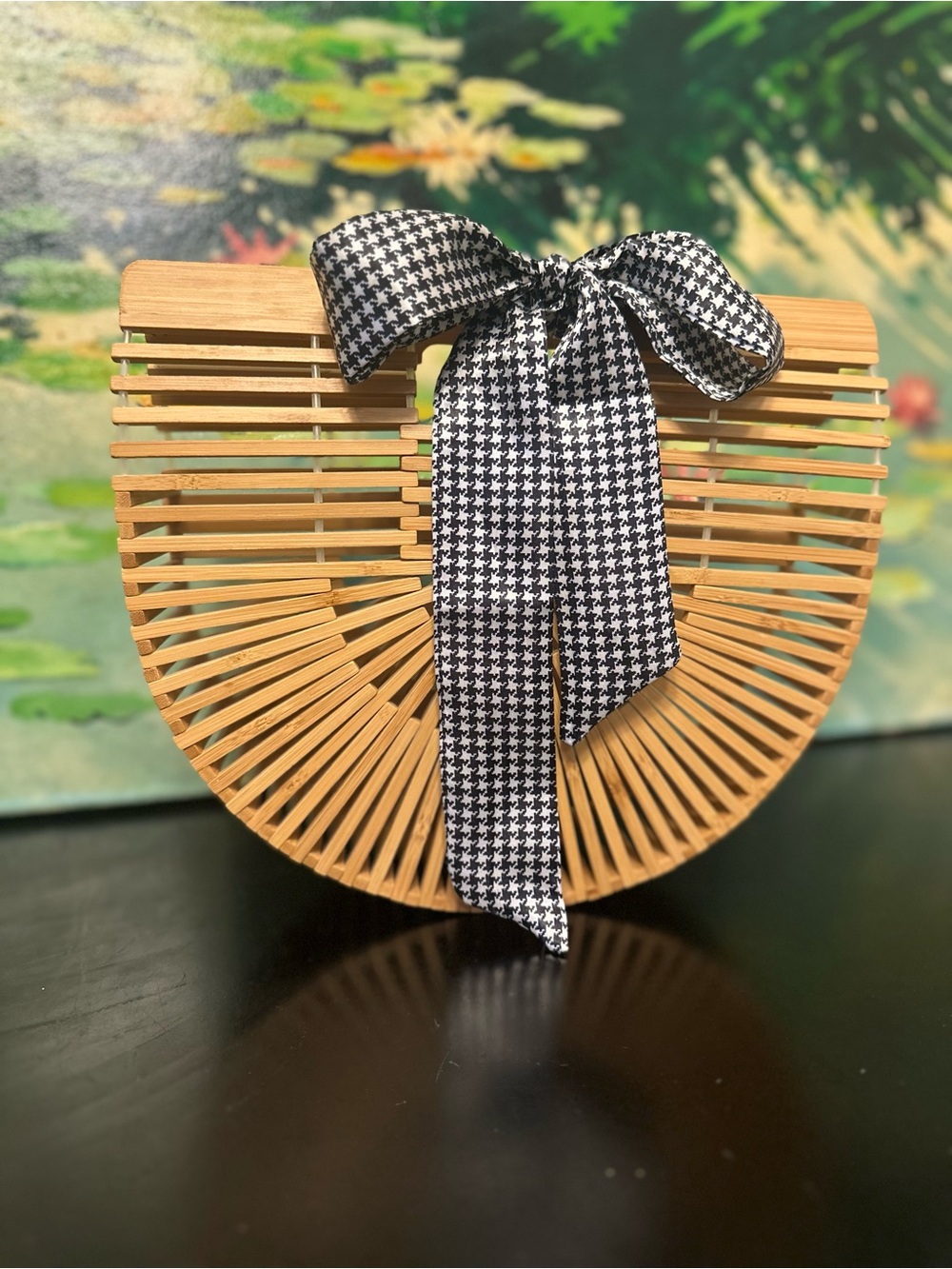 Woven Bamboo Half-Moon Handbag with Black & White Houndstooth Bow